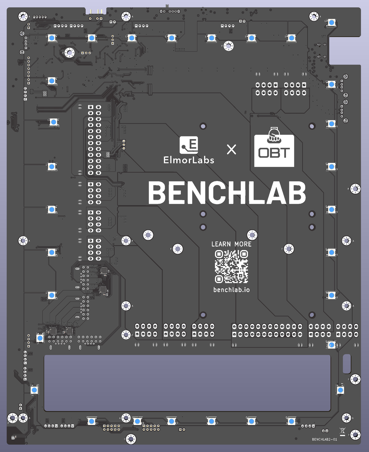 A dark gray custom PCB or circuit board template with various electronic component pads, a large rectangular cutout at the bottom, and prominent white text logos reading 'BENCHLAB' and 'EimorLabs x OBT'. The board is centered on a soft blue-to-purple gradient background.